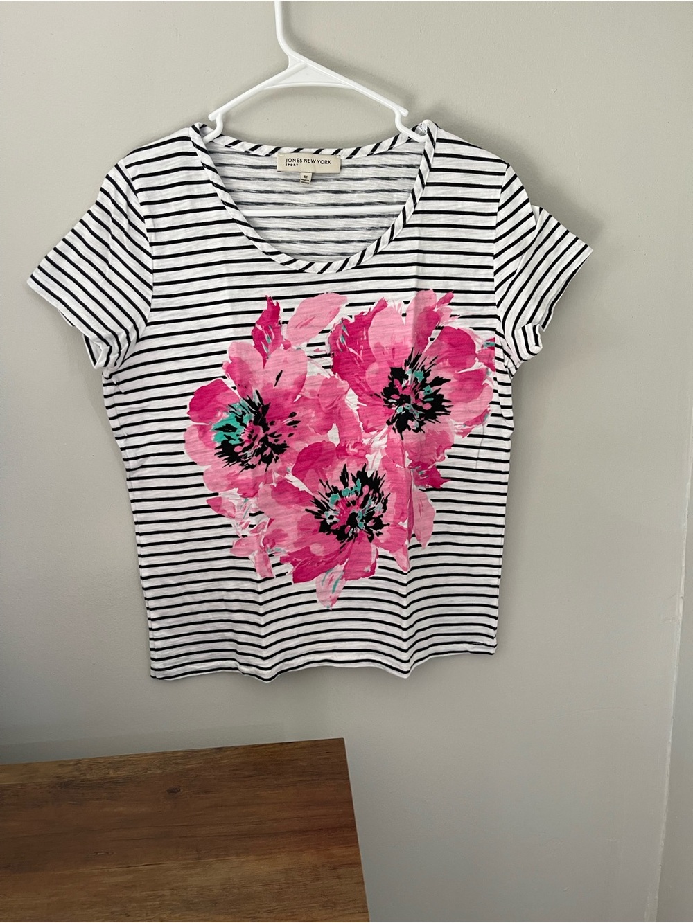 Jones New York Black & White Striped Tee with Bright Pink Floral Artwork